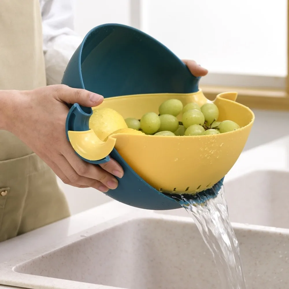 

Double-Layer Rotating Drain Basket Two-Color Fruit Basket Plastic Washing Vegetable Basket Kitchen Supplies
