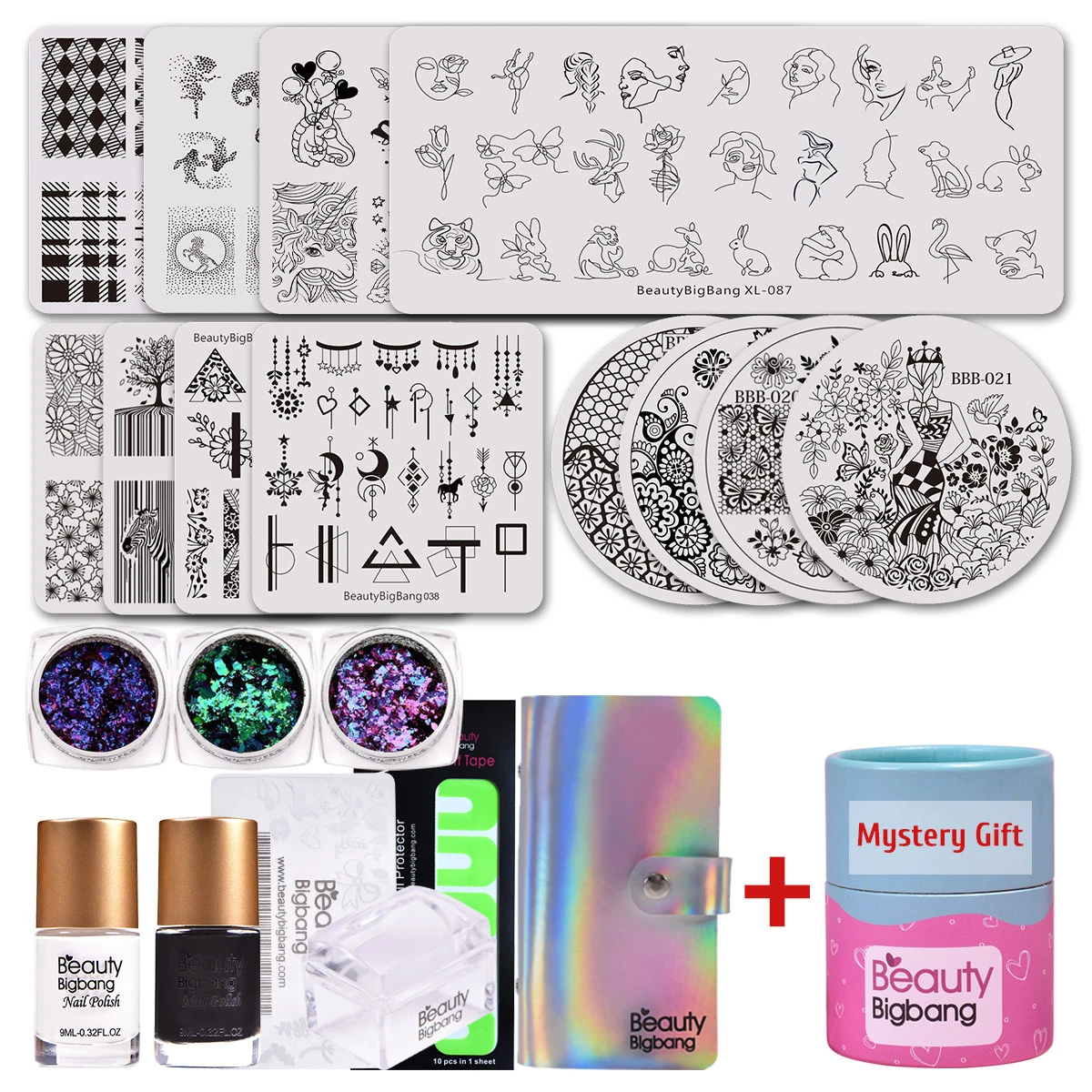 

BEAUTYBIGBANG 20Pcs/Set Nail Art Stamping Template Plate With Nails Sequins Polish Stamper Paint Sticker Case Mystery Gift Set