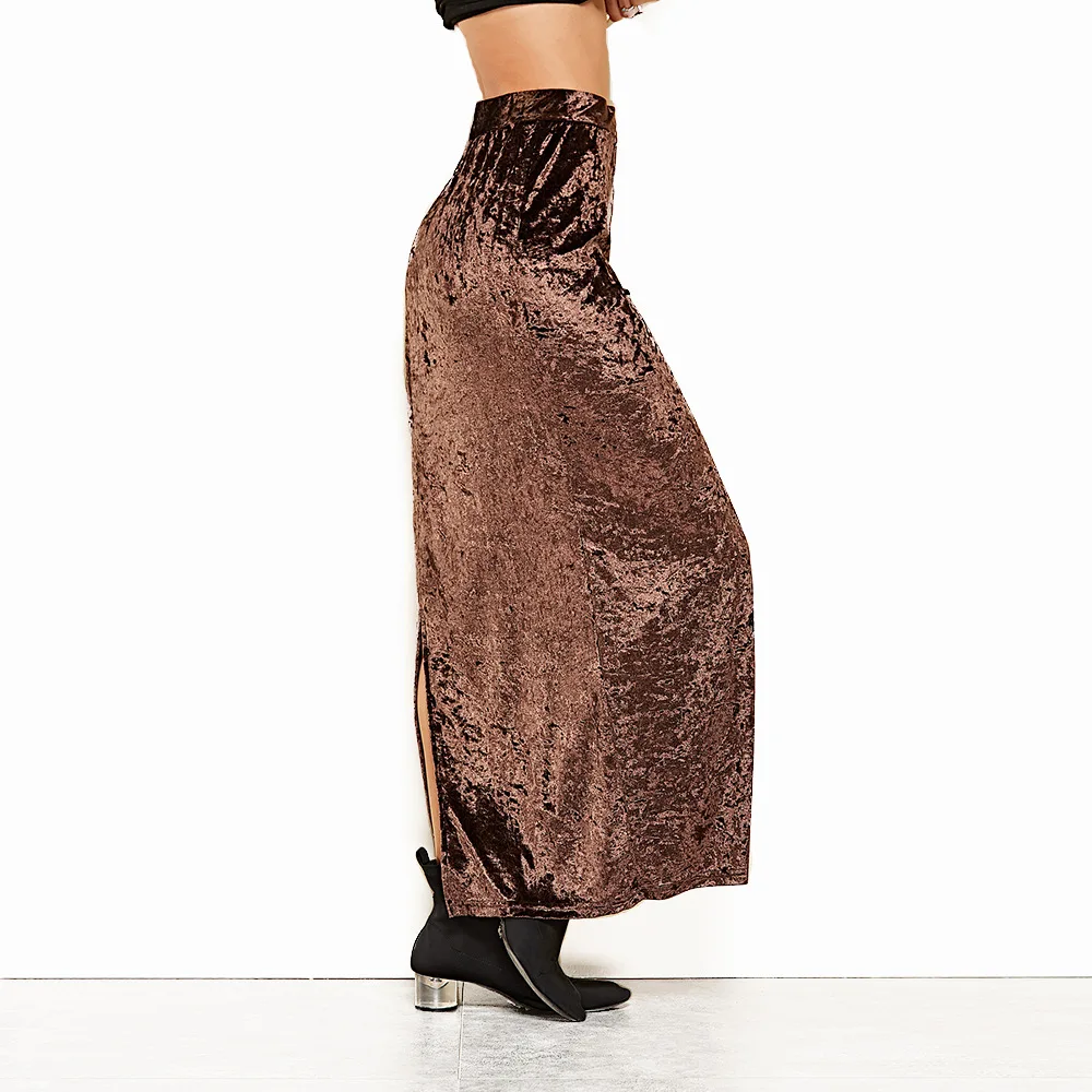 Новая Женская Осенняя Однотонная юбка с блестками и высокой талией, облегающая бархатная длинная юбка - Цвет: dark brown