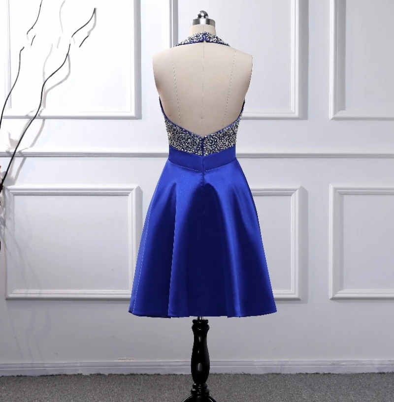 Горячая Распродажа вечерние платья для выпускного вечера robe de soriee Холтер тяжелый бисер красный/синий атласный сексуальный открытая спина Короткое мини платье для встречи выпускников