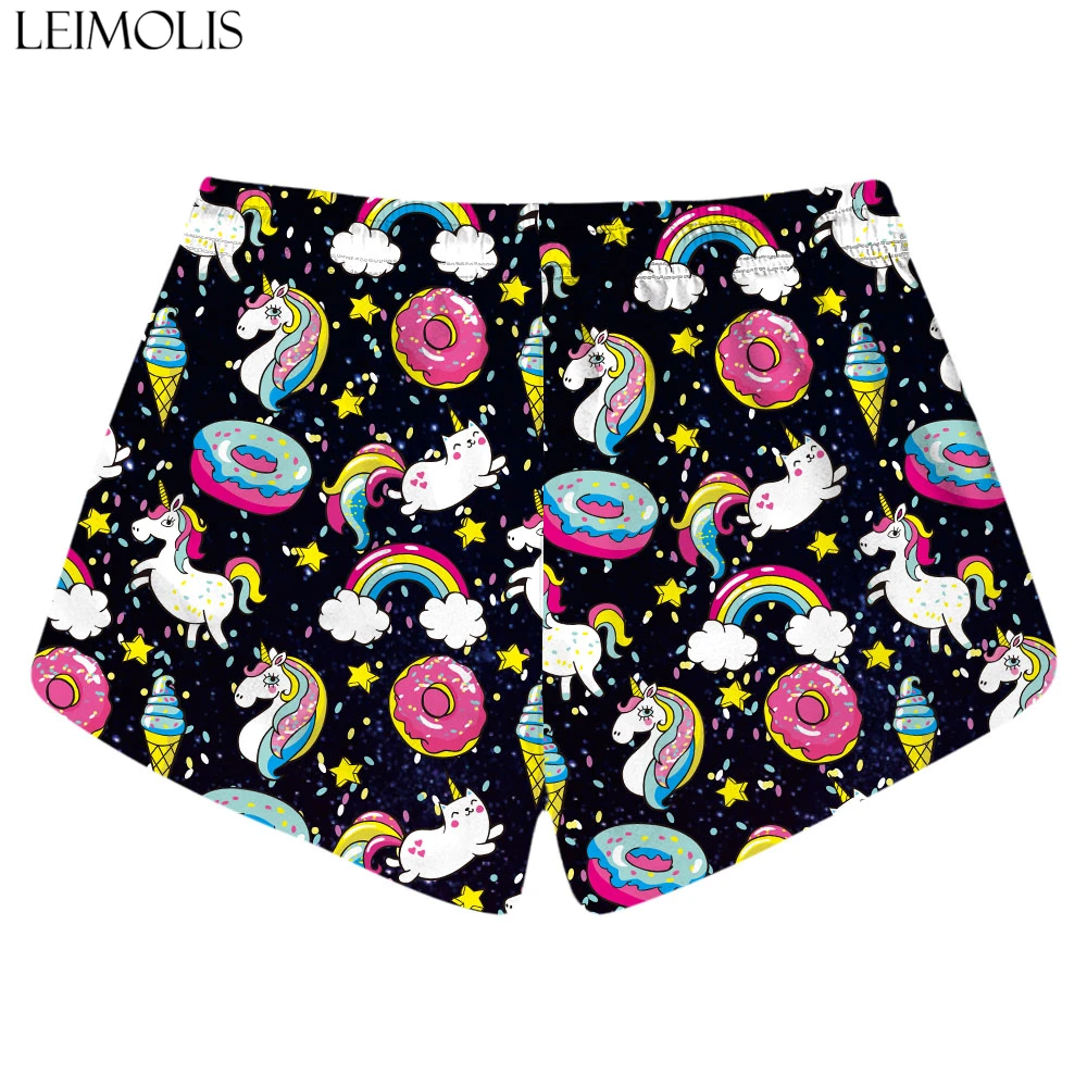 LEIMOLIS Cartoon Unicornl Rainbow Fruit Flower Flamingo Print Summer Sexy Casual Bohemian Streetwear High Waist Shorts Women