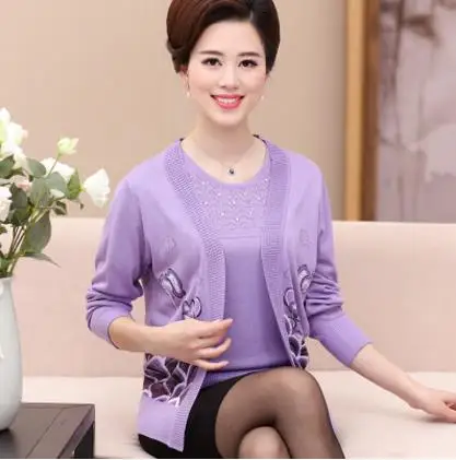 Осень для женщин среднего возраста Женские blusa трикотаж мать комплект одежды вязаный кардиган женский длинные рукава размера плюс свитер S243