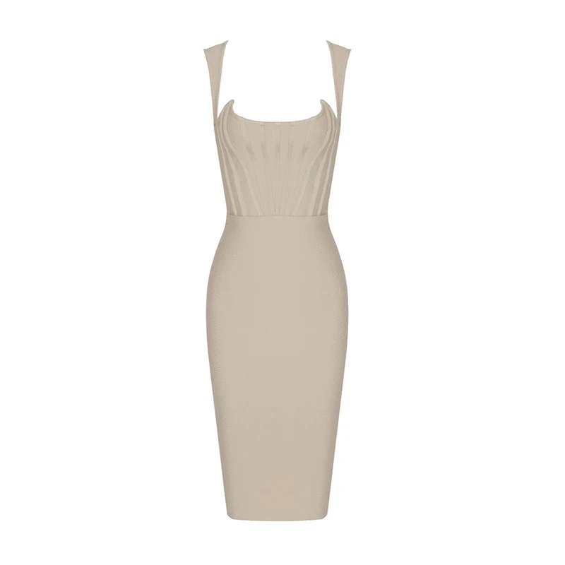 

2022 New Summer Elegant Women's Sling Dress Square Neckline Waist Tape Design Sleeveless Khaki Knee-length Bodycon Bandage Dress