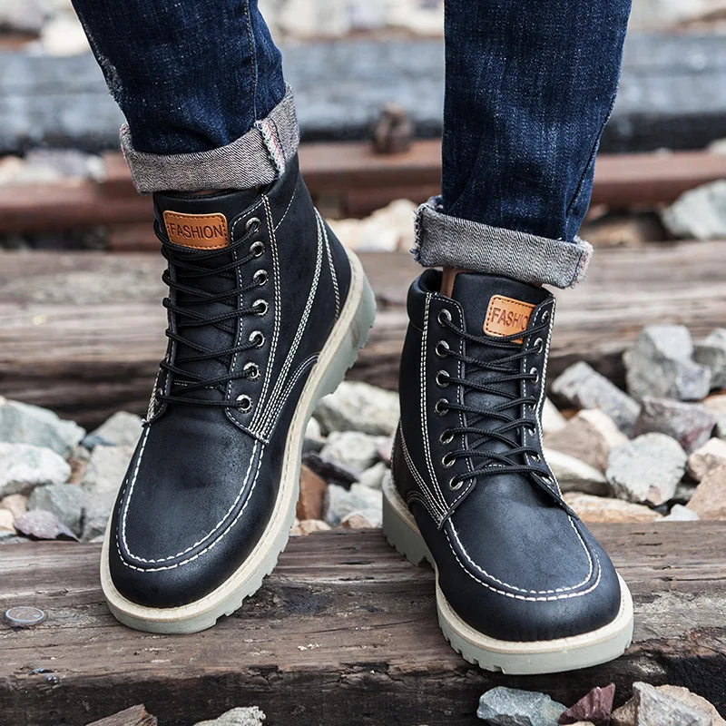 

Workwear Leather Boot Retro New Style Boots Versatile Car Suture Men's Boot round-Toe Men Low-Top Cotton Square Heel Boots K08