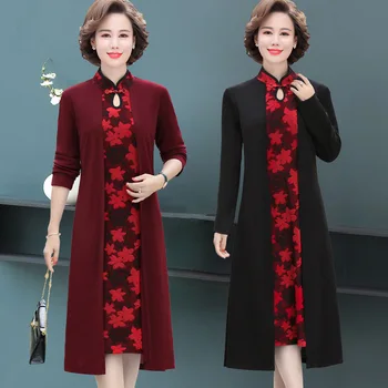 

Autumn New Style Wedding Middle-Aged Middle-aged Women Dress Cheongsam Dress Women's Mid-length Large Size Slim Fit Mock Two-Pie