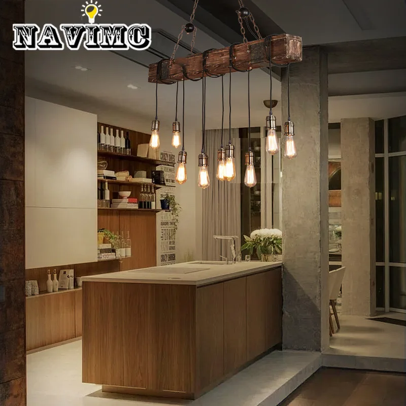 

Solid Wood lustre Vintage Chandelier Lighting lustre suspension Coffee Bedroom Lighting Iron+Wooden Lamp for loft decor