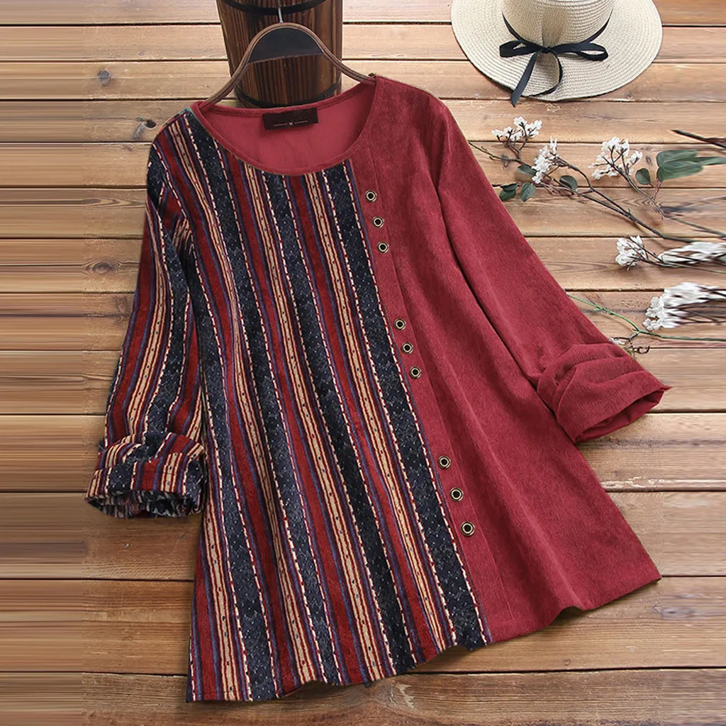 Женские топы и блузки boho S-5XL для женщин вельвет Принт пэчворк длинный рукав Винтаж размера плюс Топ рубашка блузка#3 - Цвет: Red1