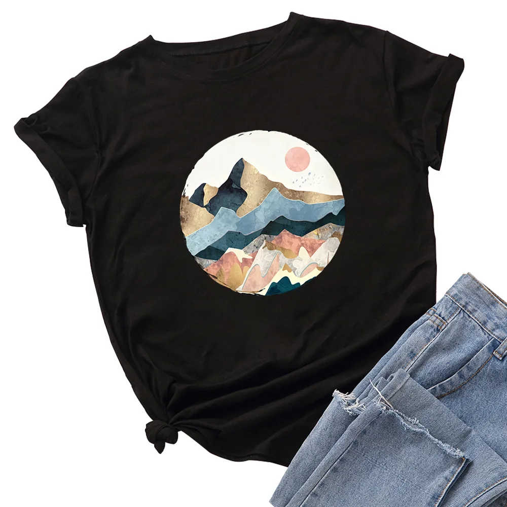 Plus Size Women's Tops T Shirt Creative Golden Mountain Peak Women T-shirt Graphic Funny Print Cotton Tshirt Summer Top Tees