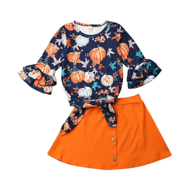 2019 Baby Girls Halloween Clothes Set Toddler Kids Pumpkin Outfit Flare