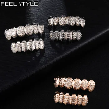 

1Set Iced Out Bling Teeth Full Rhinestoned Teeth Grills Top & Bottom Clown Grills Set For Men Hip Hop Rapper Jewelry Gold Gold