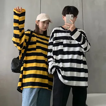 

Women Men Stripes T-Shirt Loose Round Collar Stripes Print Loose Long Sleeve Casual Couple T-Shirt Unisex