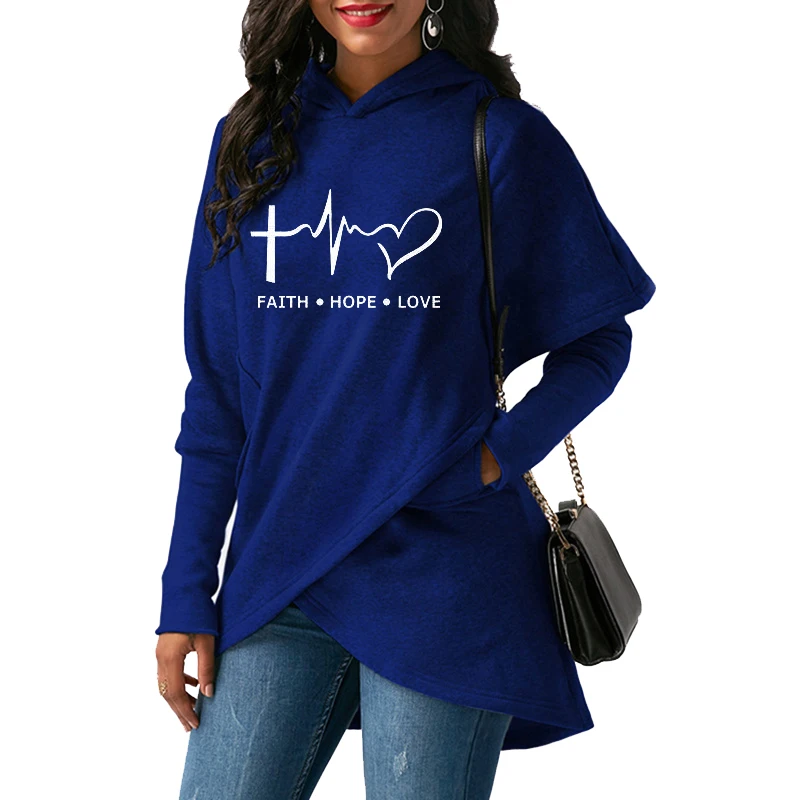 Autumn Winter Women Hoodies Sweatshirts Casual Plus Size Faith Printed Hooded Sweatshirt Female Loo