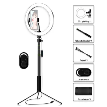 

26cm/10.2 Inch Dimmable LED Ring Video Light Adjustable Selfie Stick Tabletop Tripod Cell Phone Holder Remote Control Kit