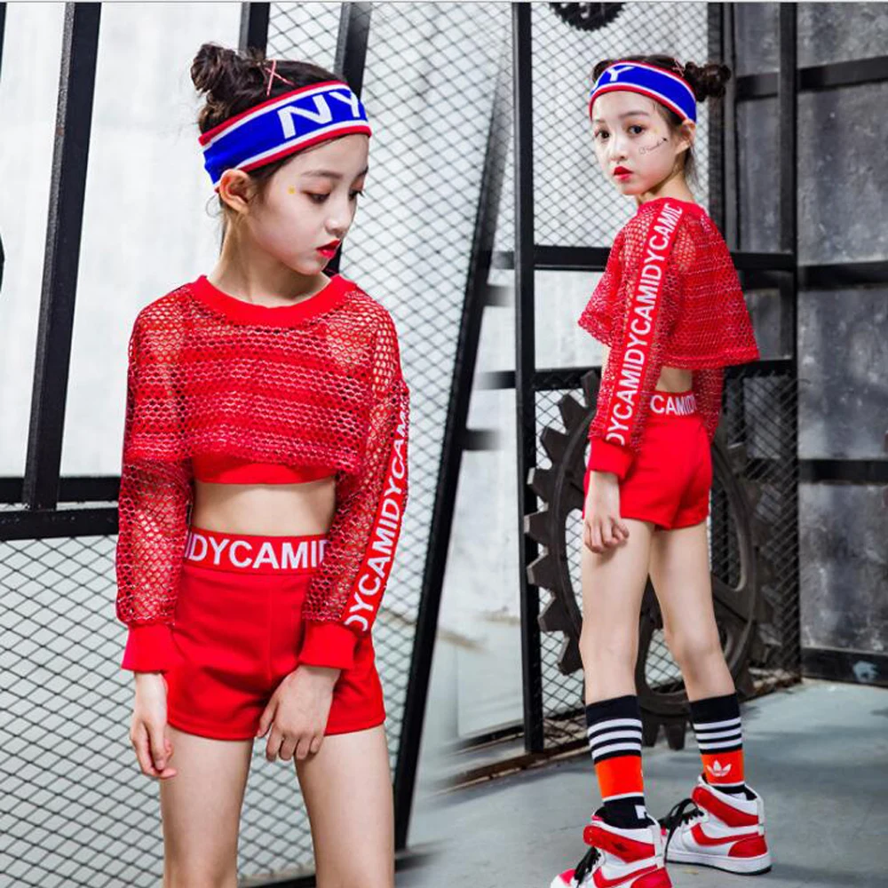 3PCS-Girls-Red-Cool-Ballroom-Jazz-Hip-Hop-Dance-Competition-Costume-Tank-Tops-Shorts-Net-Blouse