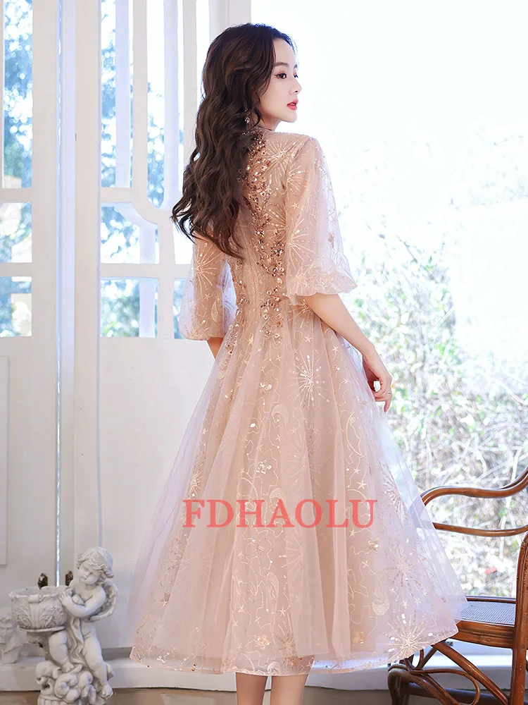 FDHAOLU Evening Dress 2024 New Stylish Illusion O-neck Appliques Crytal Formal Dress a Line Prom Dresses Haute Couture