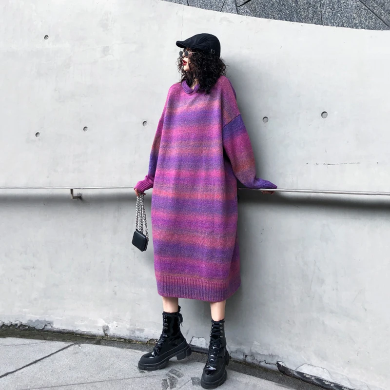 [EAM] женское фиолетовое платье в полоску большого размера, теплое вязаное платье, новинка, с капюшоном, с длинным рукавом, свободное, модное, весна-осень 19A-a2