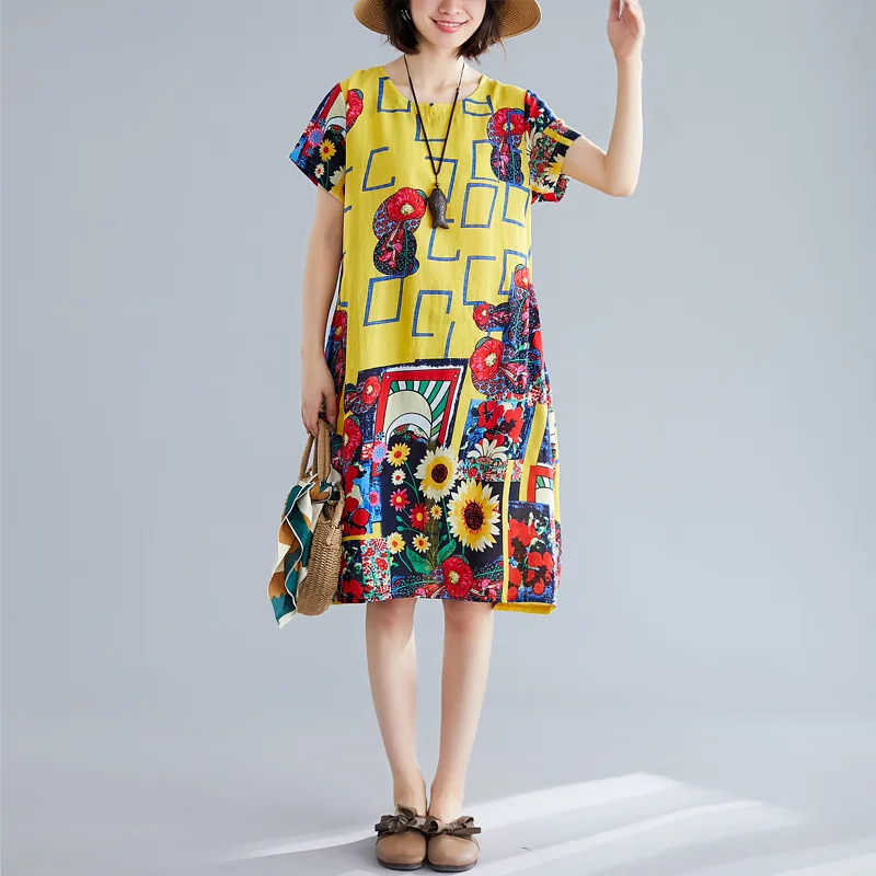 

2019 Summer New Style Ethnic-Style Cotton Linen Printed Short Sleeve Loose And Plus-sized Literature And Art Retro Slimming Dres