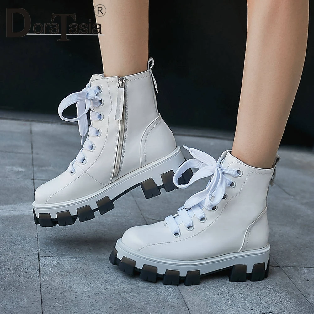 

DORATASIA New Big Size 34-41 Genuine Leather Ladies Chunky Heels Cross Tied Shoes Woman Casual Ol Autumn Ankle Boots Women