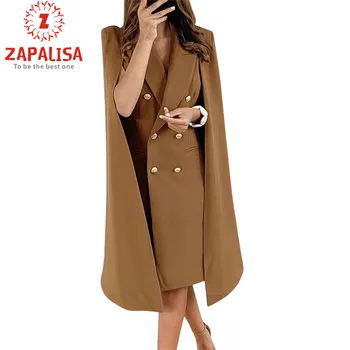 

Elegant Slim Cloak Style Ladies Coat Solid Color Turn-Dow Collar V Neck Sleeveless Patchwork Fashion Winter Streetwear Clothes