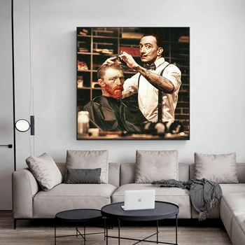 Funny Artwork Van Gogh get Haircut from Dalí Painting Printed on Canvas 5