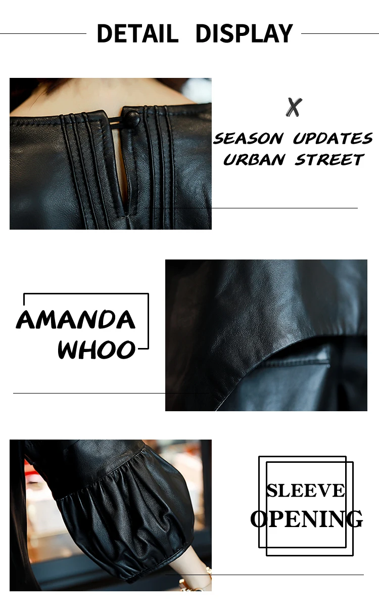 Genuine Leather Blouse Black V Neck Bishop Sleeve Peplum Top Blouse Women Elegant Autumn Vintage Office Lady A Line Blouses