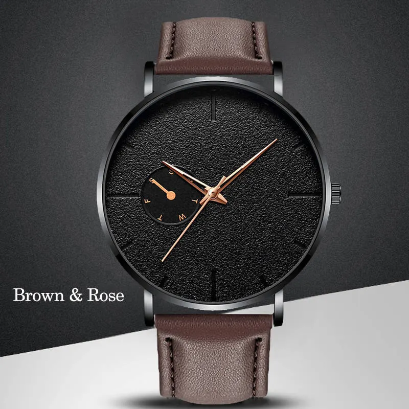BrownRoseGold Ультра тонкие мужские часы минимализм повседневные брендовые кварцевые простые синие указатели наручные часы с кожаным ремешком деловые часы - Цвет: BrownRoseGold