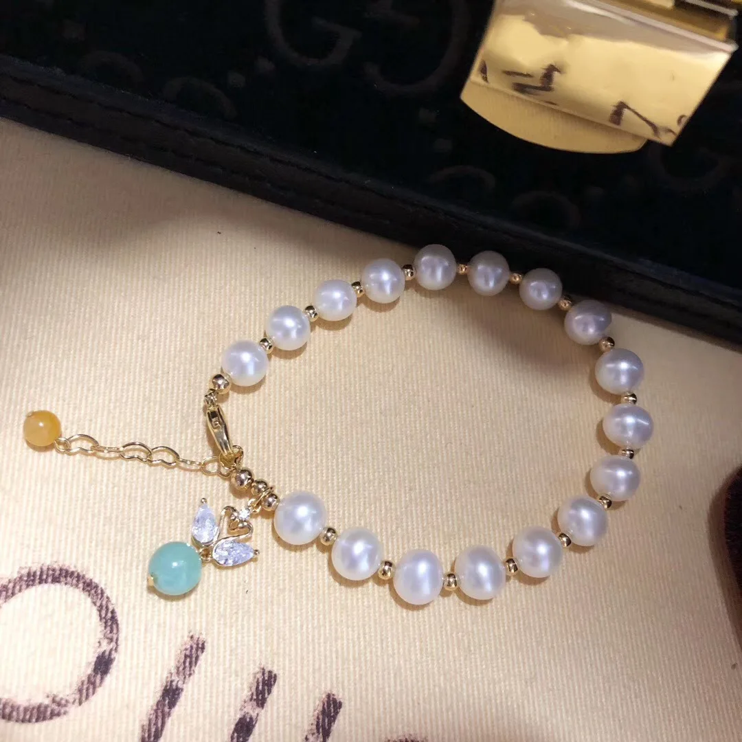 

Butterfly Home Hand-woven Emerald 14k Gold 8-9 round Glare Virgine Pearl Bracelets Qrss47n47aje