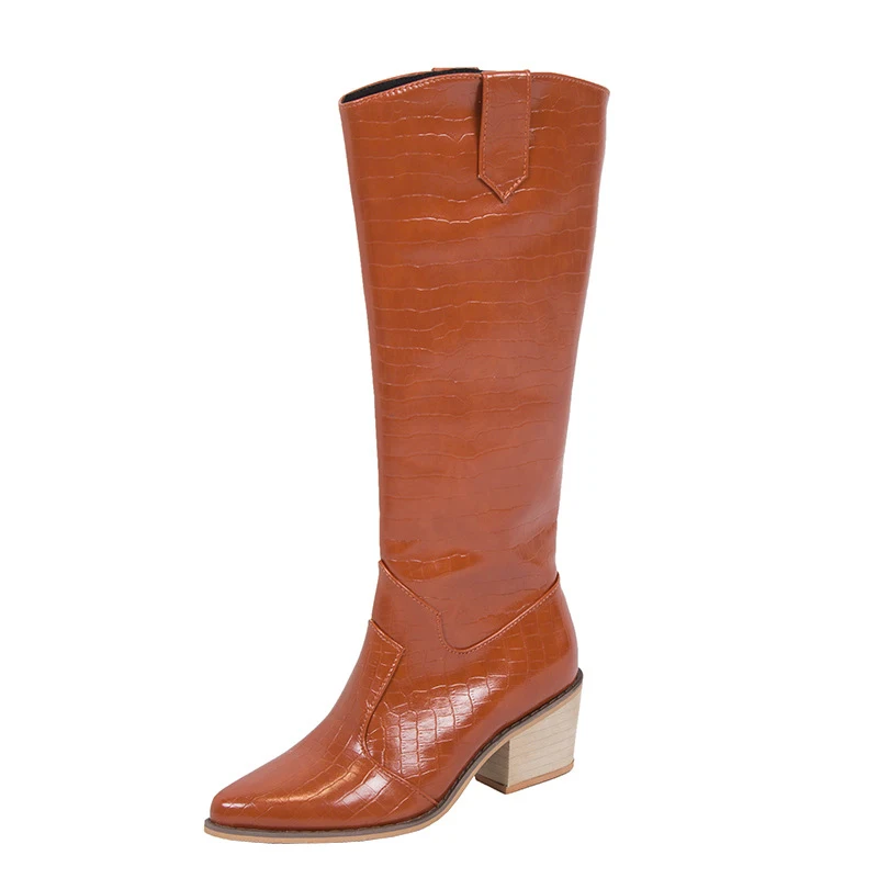 yellow Women Winter Warm Knee High Boots Patent Leather Mid Heels Ladies Fashion Pointed Toe Women's Slip On Plus Size New Shoes - Цвет: yellow