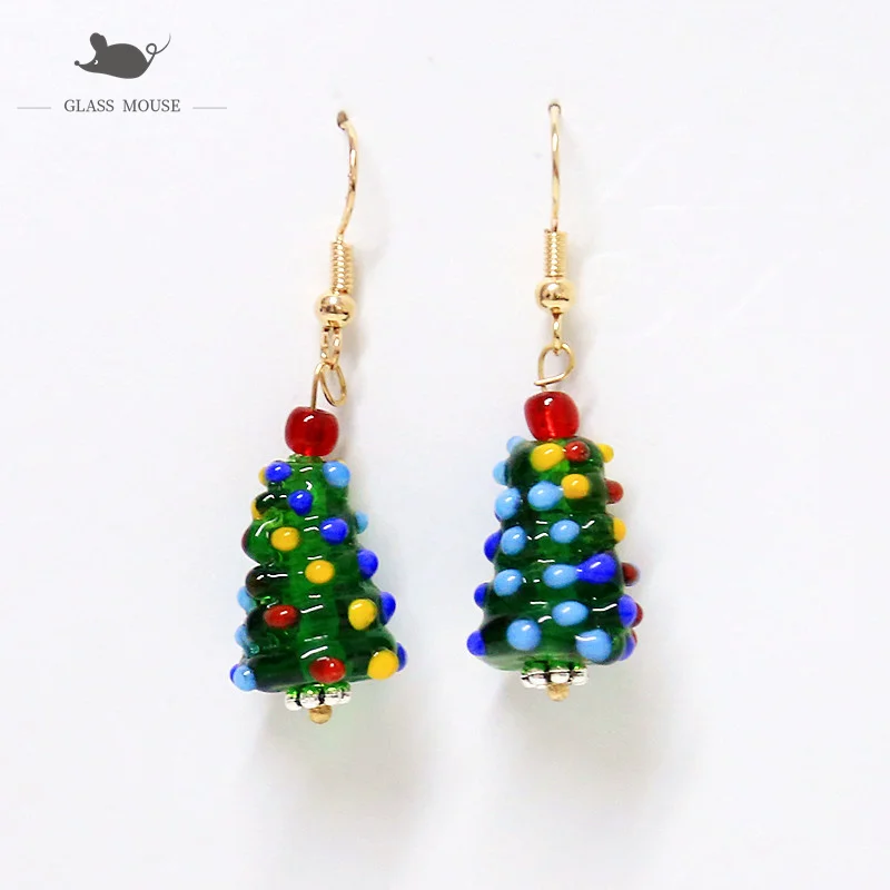 

Custom Fashion Cute handmade glass Christmas tree Colorful Earrings Women's Girls Jewelry Holiday party gifts for female friends