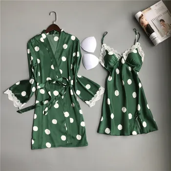 

Polka Dot Women Stain Robe Set Sexy Lace 2PCS Sleepwear Female Nighty&Robe Set Lovely Kimono Gown Female 2PCS Nightwear