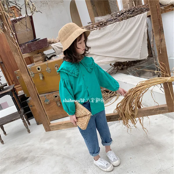 Рубашка для девочек 3-8 лет с большим воротником, повседневный топ для детей, Базовая рубашка детская одежда Блузки с рукавом-фонариком для маленьких девочек