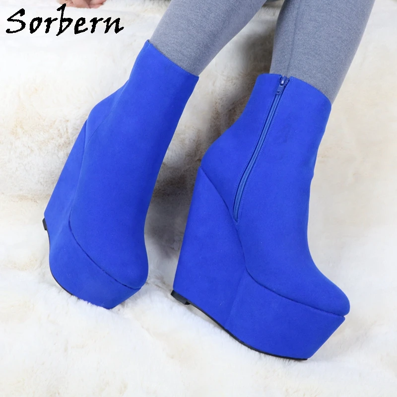 Sorbern Blue Ankle Boots Wedge High Heels Short Boot For Women