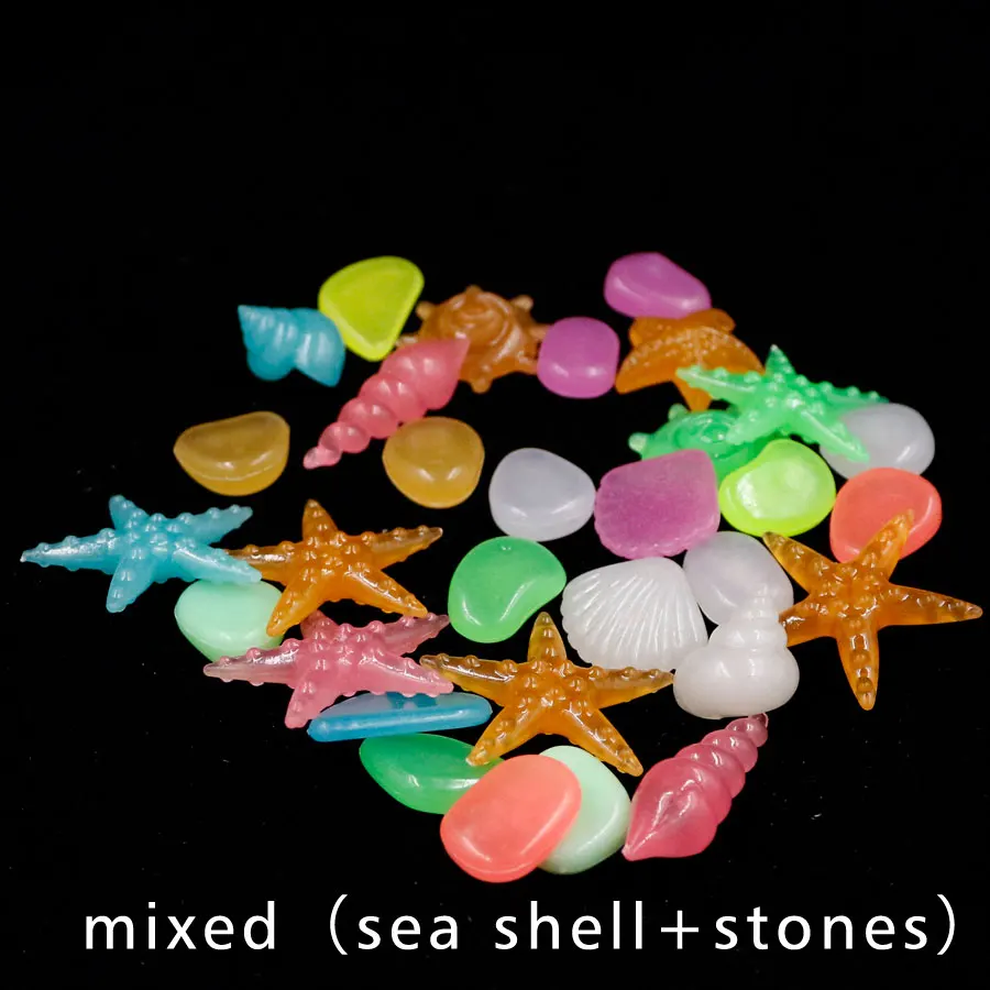 sea shall and stones 100 шт Декорации для аквариума камни светится в темноте светящиеся галечные камни для сада флуоресцентные камни украшения аквариума - Цвет: sea shall and stones