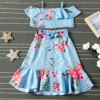 

Humor Bear New Girl Clothes Set Holiday Style Summer Off Shoulder Floral Printing Top +Short Skirt2pcs Outfits Children Clothes