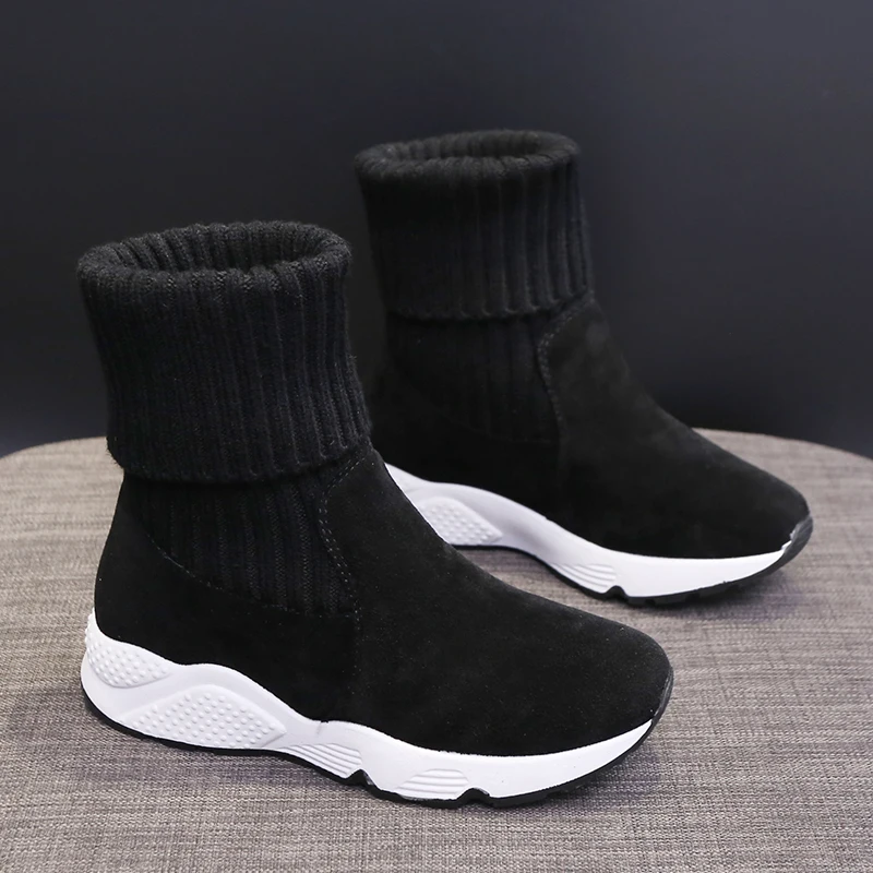 New Ladies Winter Knit Sneakers Women Shoes Designer Winter Sneakers Fur Warm Plush Sport Sock Boots Casual Shoes Female