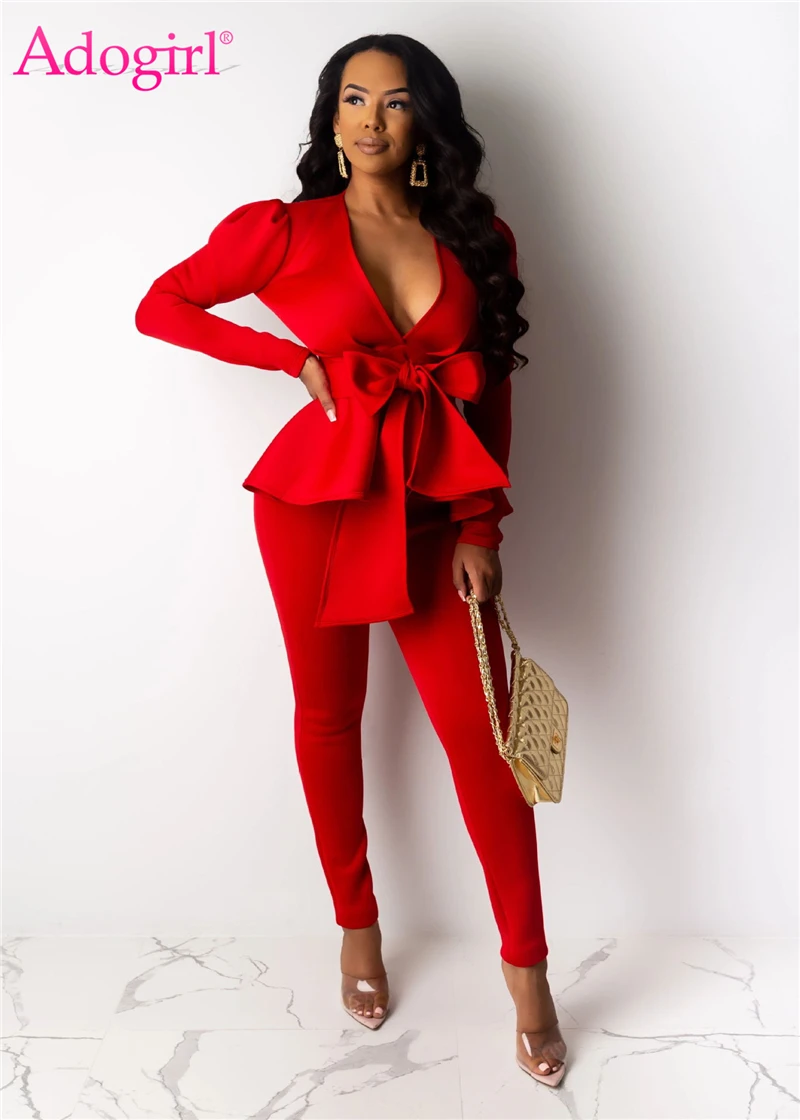 

Adogirl Bow Ruffle Fashion Casual Two Piece Set Office Lady Business Suit V Neck Long Sleeve Blazer Top Pencil Pants Work Wear