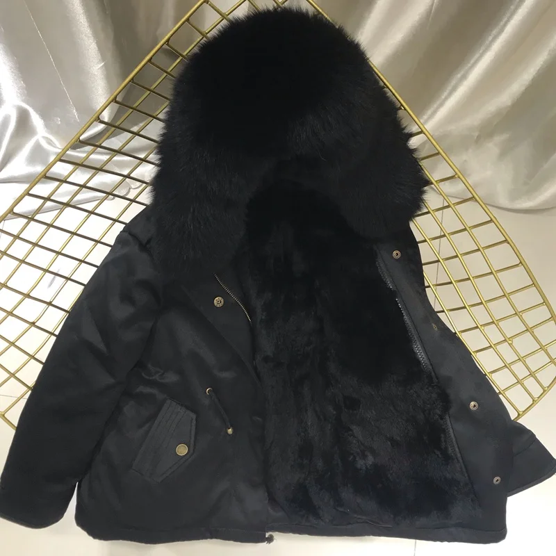 black black fur Одежда для маленьких девочек зимняя куртка Настоящий мех кролика парка для девочек, зимние пальто с лисьим мехом, с капюшоном, отделка, одежда для маленьких мальчиков - Цвет: black black fur