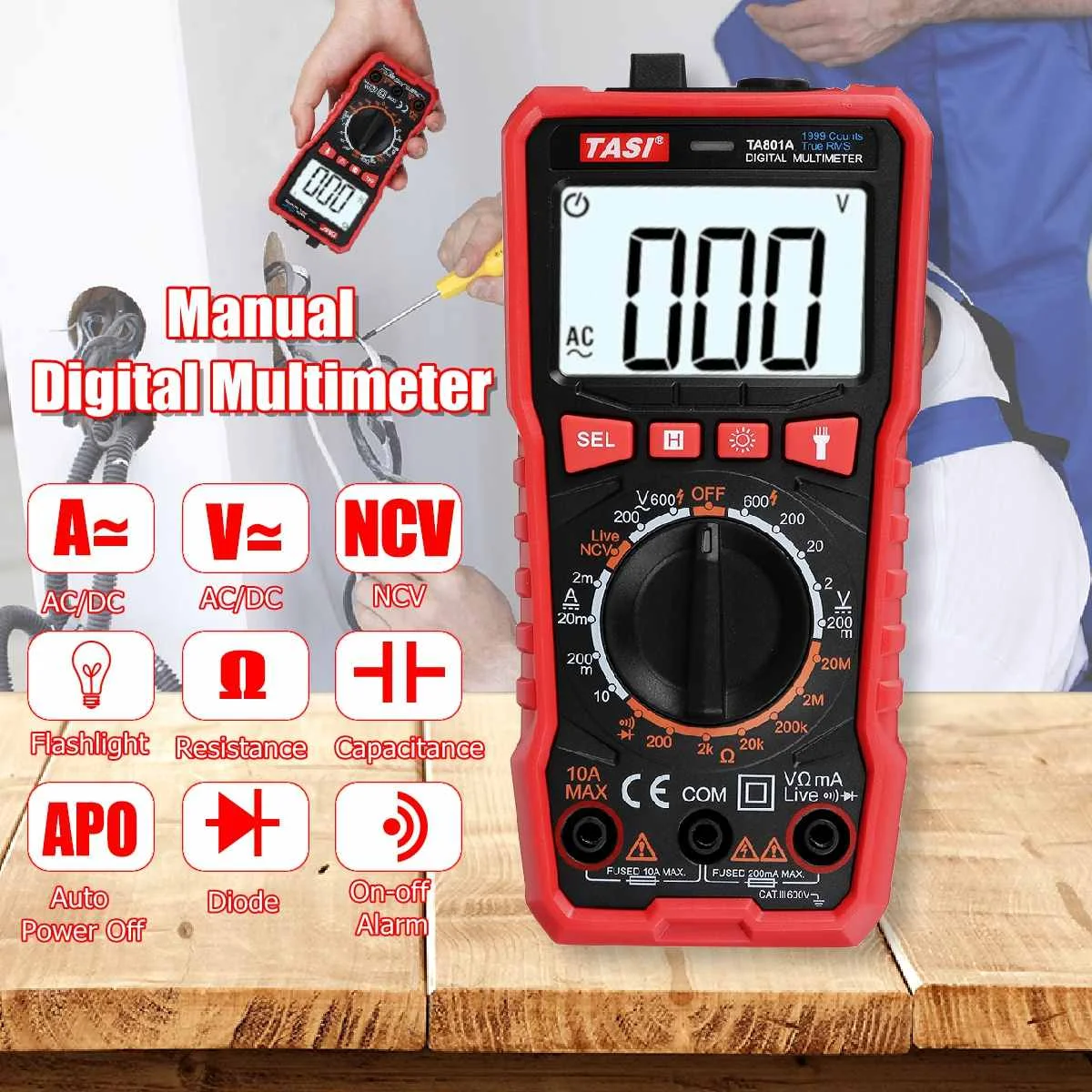 TA801A NCV Digital Multimeter 1999 counts Auto Ranging AC/DC voltage meter Flash light Back light Large Screen