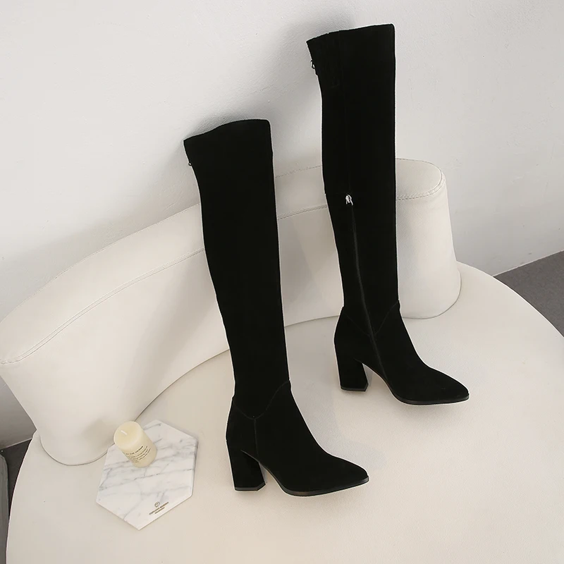 Cena Szary seksowny szpiczasty nosek na buty do kolan 8cm szpilki zimowe zakolanówki czarne zamszowe damskie zimowe buty LDI13 MUYISEXI