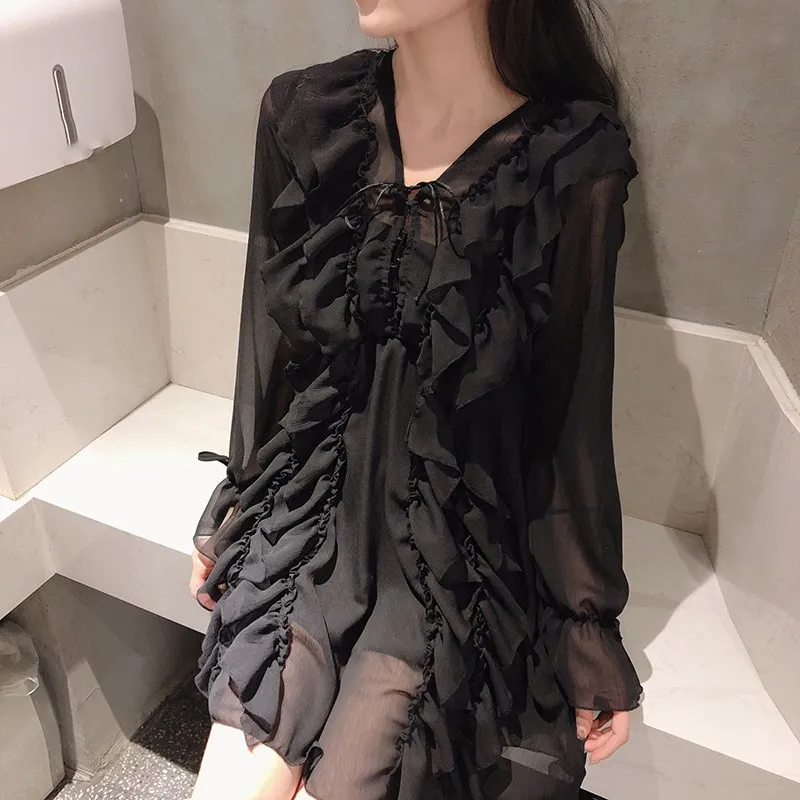 Korea Cascading Ruffles Lace Up Deep V Neck Mini Dress Flare Sleeve Sexy Street Wear Transparent Mesh Party Dresses Vestidos | Женская