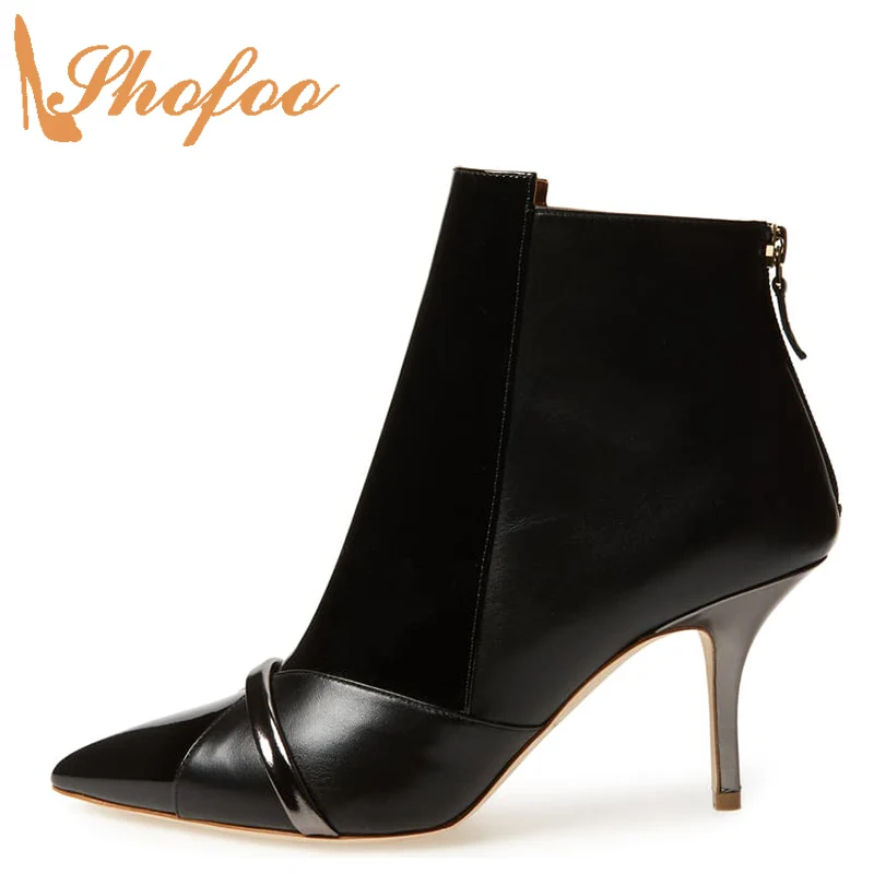 

Black Pointed Toe High Thin Heels Woman Booties Patent Leather Back Zip Ankle Boots Large Size 13 16 Ladies Fashion Shoes Shofoo