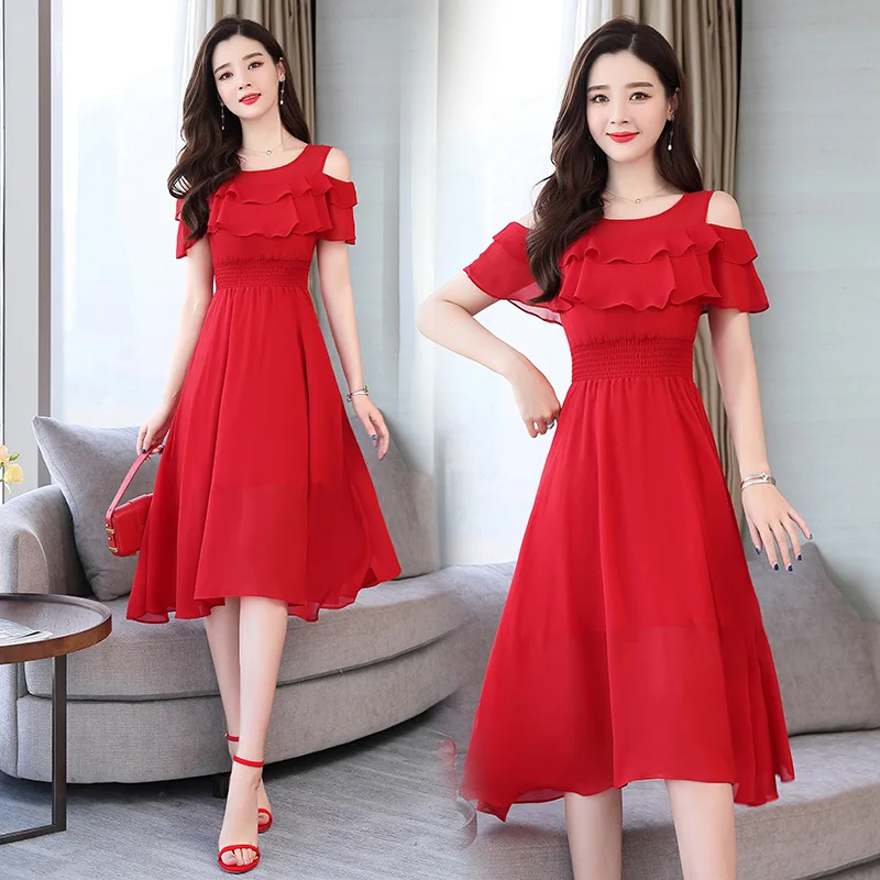 

Exposed Shoulder Dress Women's 2019 Summer New Style Beach Holiday Skirt Chiffon Fairy off-Shoulder Bohemian Chiffon Maxi Dress
