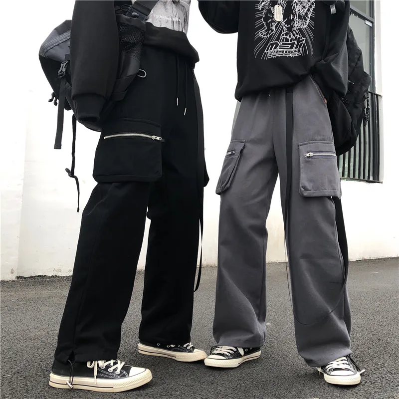 String High Waistband Zip Pocket Ribbon Loose Harem Cargo Jogger Hip Hop Streetwear Punk Track Pant Harajuku Women Man Korean