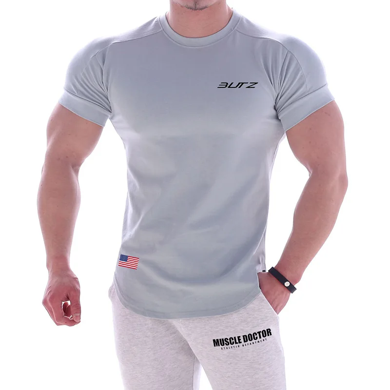 Men Compression Muscle Gym Fitting T-shirt New Cotton Outdoor Short-Sleeved Quick Dry Breathable T-shirt Men's Fitting T-shirt