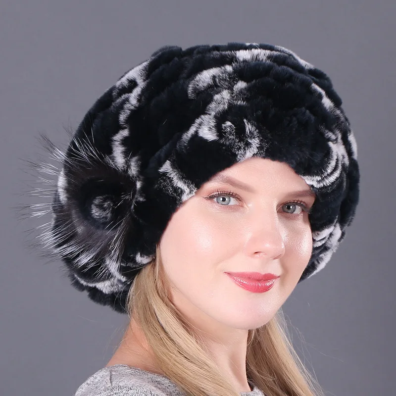 picture color Hot Sale Natural Silver Fox Fur Women Winter Hat Knitted Cap Women Hat Fox Fur Bomber Hat Female Ear Warm Winter Must - Цвет: picture color