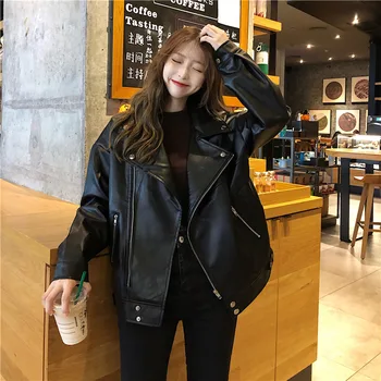 

Autumn Korean-style 2020 New Style Loose Handsome Lapel ji che fu Long Sleeve PU Leather Coat Female Fashion Cool