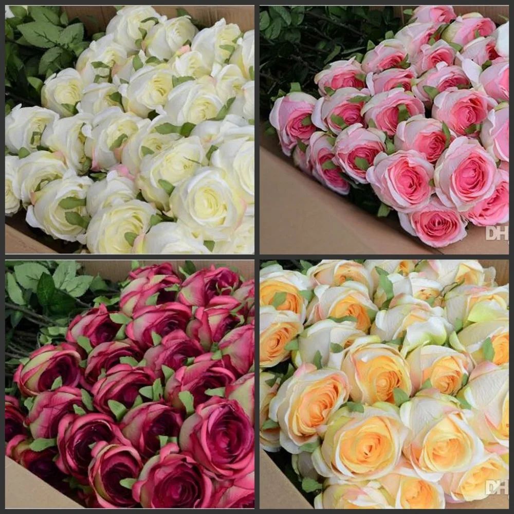 24"(60cm) length Upscale Artificial Silk Rose Flower Carft Ornament For Home Display Wedding Decoration 20pcs/lot