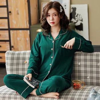 

Pajamas Women's Autumn and Winter Long Sleeve Trousers Cotton Cardigan Simple Loose Home Clothes Pajama Set Women Ropa De Mujer