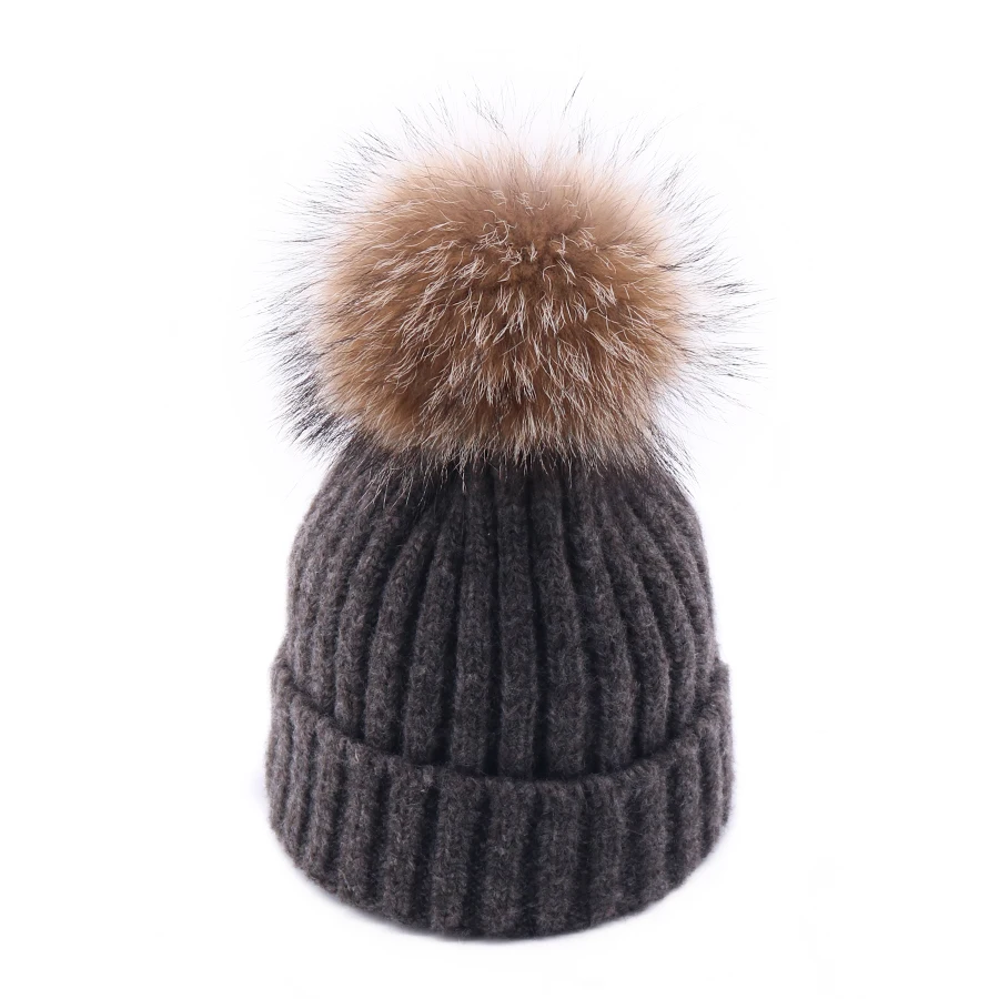 Зимняя женская винтажная вязаная шапка Skullies, женская теплая шерстяная Круглая Шапочка, шапки с настоящим помпон из меха енота Gorro, Лыжные шапки для девочек, новинка