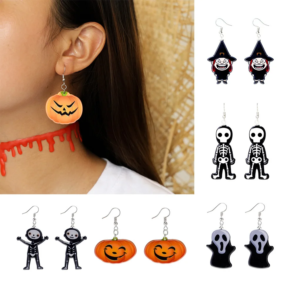 

Halloween New Creative Fun Pumpkin Ghost Earrings Cartoon Witch Skull Earring Fun Ear Nail Earrings
